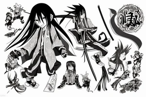 The character Yo from the anime Shaman King smiles and holds a katana on his shoulder tattoo idea