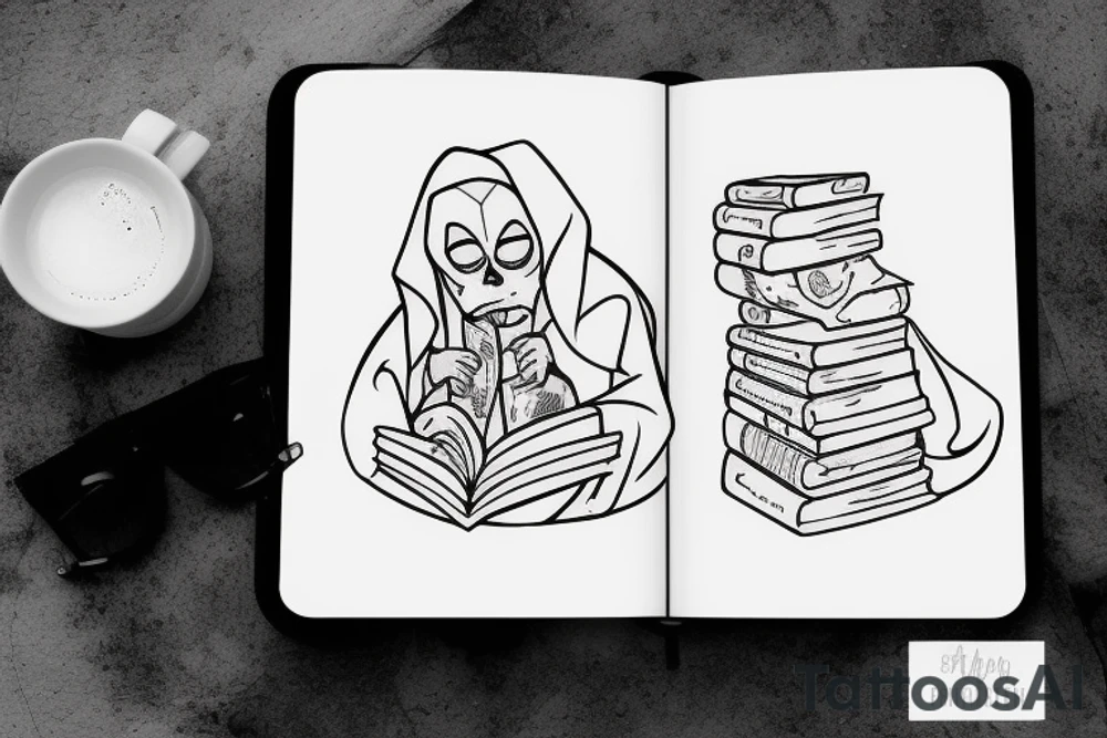 Sheet ghost reading a book and drinking coffee with a book tattoo idea
