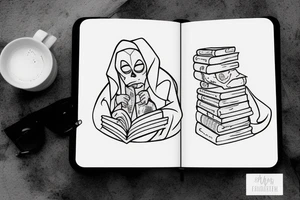 Sheet ghost reading a book and drinking coffee with a book tattoo idea