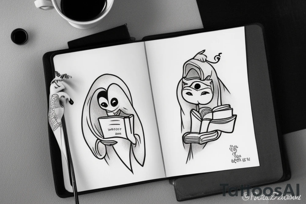 Cartoon Sheet ghost reading a book and drinking coffee with a book tattoo idea