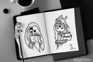 Cartoon Sheet ghost reading a book and drinking coffee with a book tattoo idea