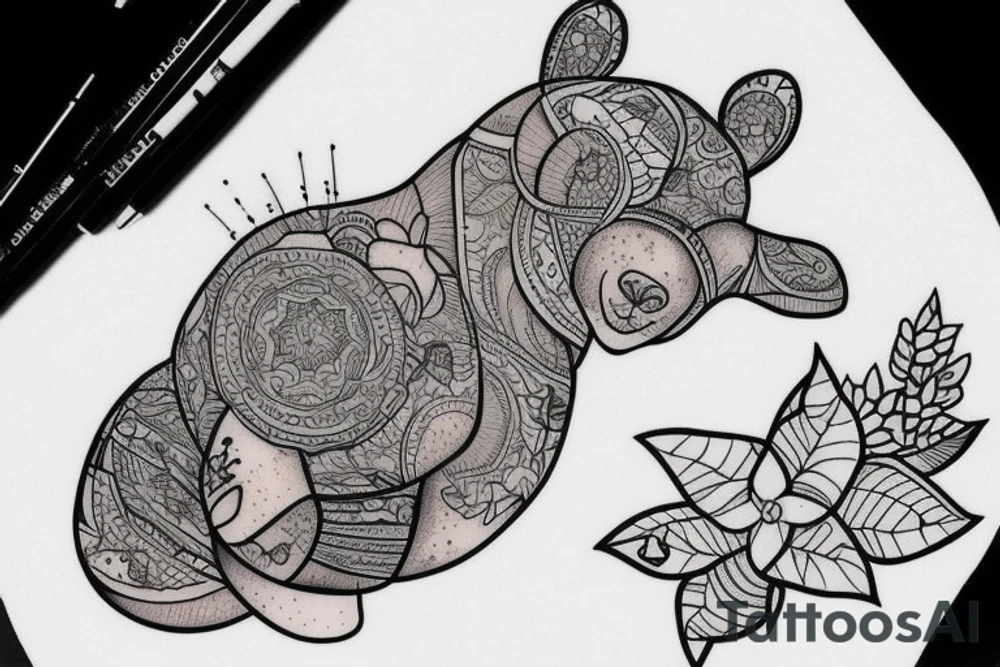 Tatouage en one line d'un ours tenant une flèche dans sa patte tattoo idea