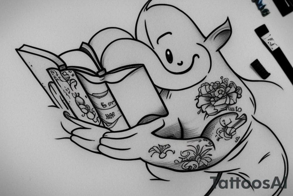 Casper the ghost reading a book and drinking coffee with a book tattoo idea