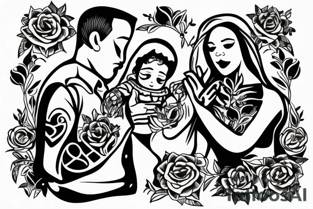 The father holds the daughter and the mother looks at them tattoo idea