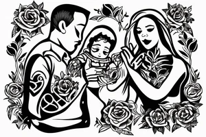 The father holds the daughter and the mother looks at them tattoo idea