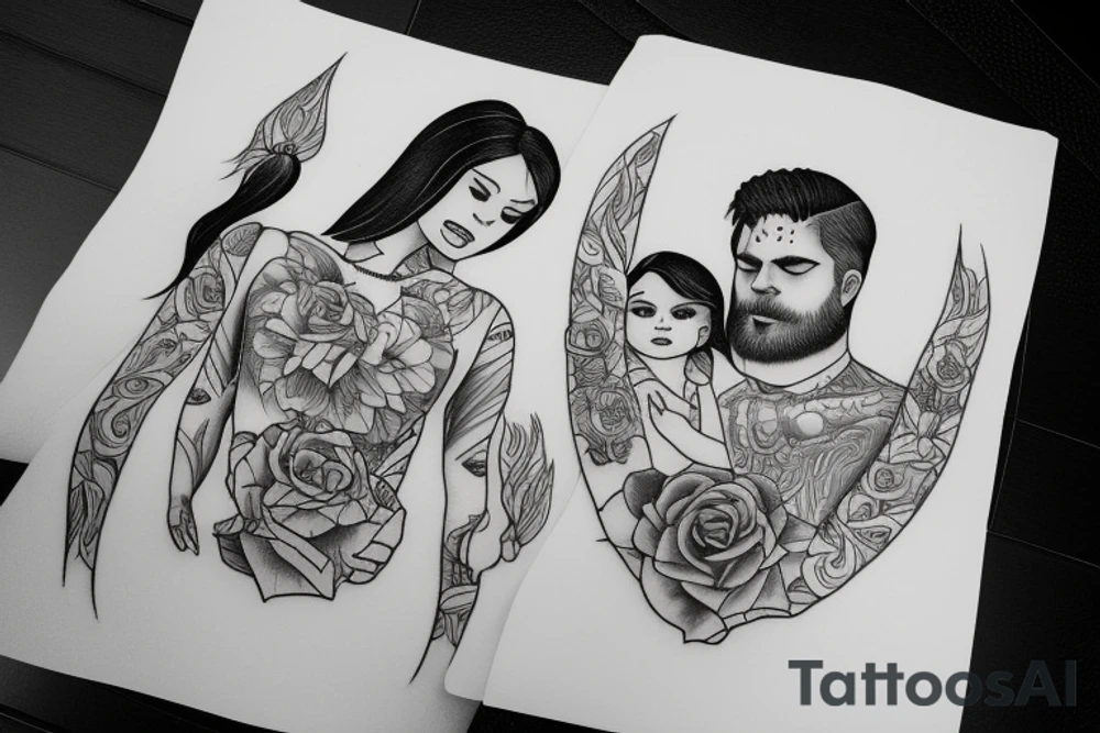 The father holds the daughter and the mother looks at them tattoo idea