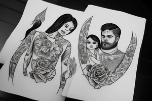The father holds the daughter and the mother looks at them tattoo idea