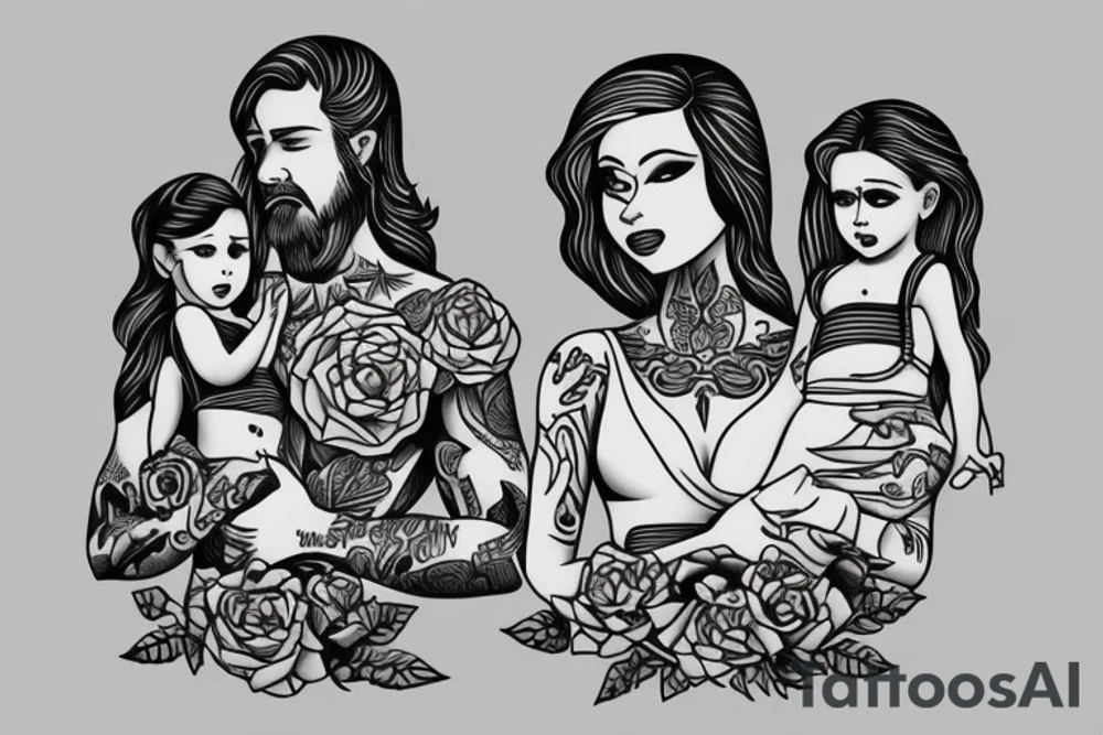 The father holds the daughter and the mother looks at them tattoo idea
