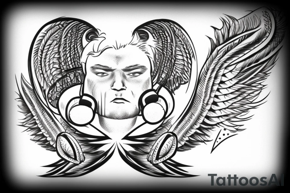 Big Hart with earphones anf wings tattoo idea