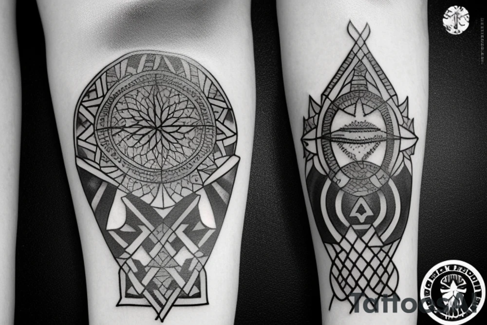 Blackwork tattoo with time water trident and georgian culture tattoo idea