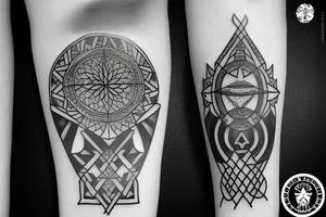 Blackwork tattoo with time water trident and georgian culture tattoo idea