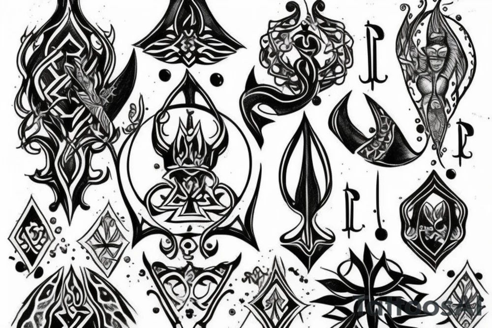 Blackwork tattoo with time water trident and georgian culture tattoo idea