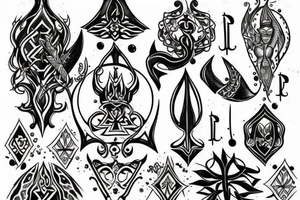 Blackwork tattoo with time water trident and georgian culture tattoo idea