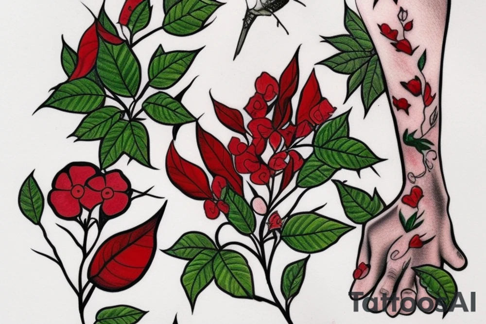 tattoo around the calf, poison ivy with thorns and red flowers tattoo idea