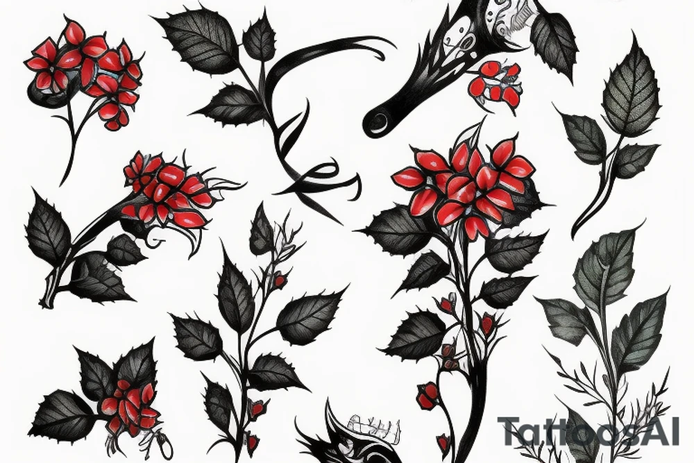 tattoo around the calf, poison ivy with thorns and red flowers tattoo idea