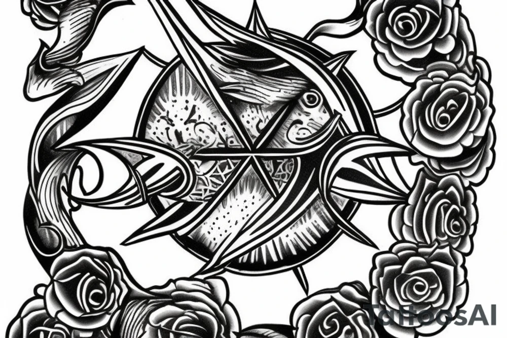 Blackwork tattoo with time water trident tattoo idea Blackwork tattoo with time water trident tattoo idea