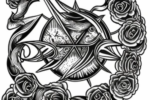 Blackwork tattoo with time water trident tattoo idea
