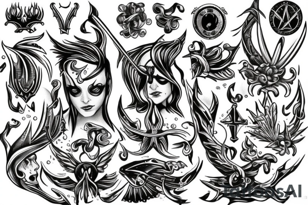 Blackwork tattoo with time water trident tattoo idea Blackwork tattoo with time water trident tattoo idea
