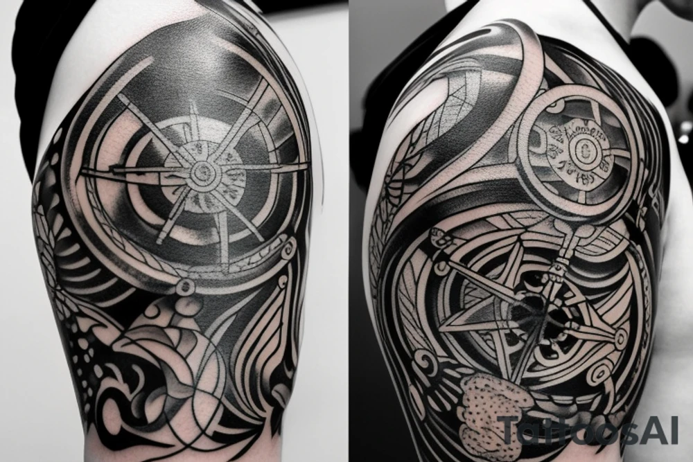 Blackwork arm tattoo with time, water, trident tattoo idea Blackwork arm tattoo with time, water, trident tattoo idea