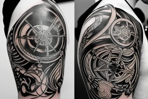 Blackwork arm tattoo with time, water, trident tattoo idea