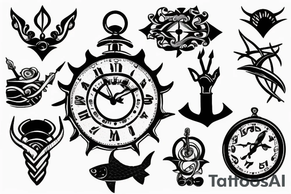 Blackwork arm tattoo with time, water, trident tattoo idea Blackwork arm tattoo with time, water, trident tattoo idea