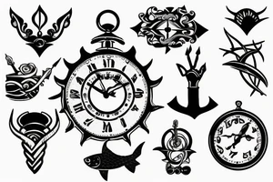 Blackwork arm tattoo with time, water, trident tattoo idea