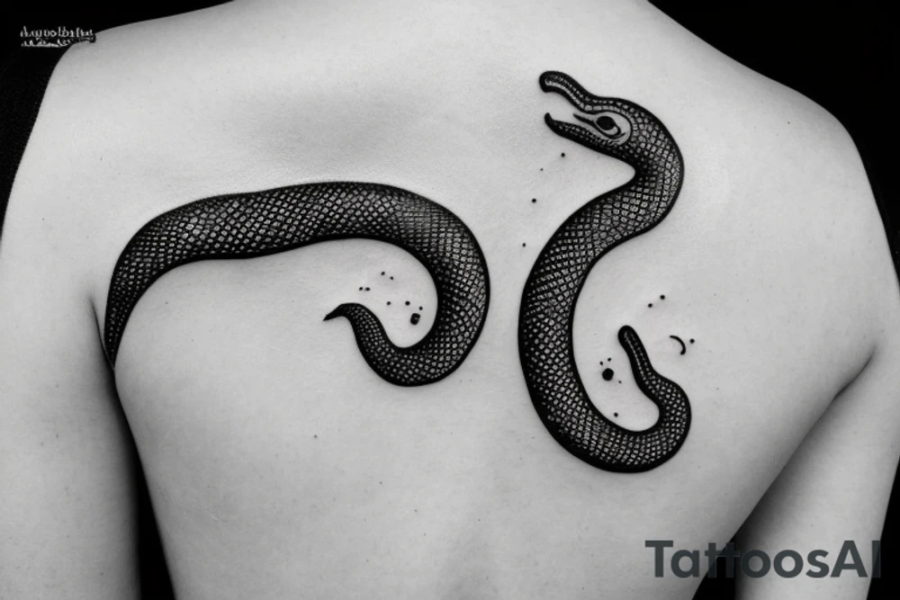 thin sexy minimalist snake with stars and moons around tattoo idea