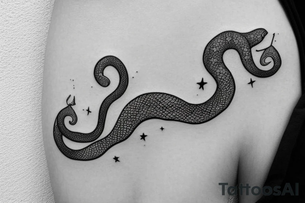 thin sexy minimalist snake with stars and moons around tattoo idea