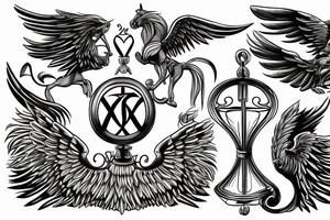 Horse rearing, with phoenix wings behind, an hourglass, and the viking rune "inguz" tattoo idea