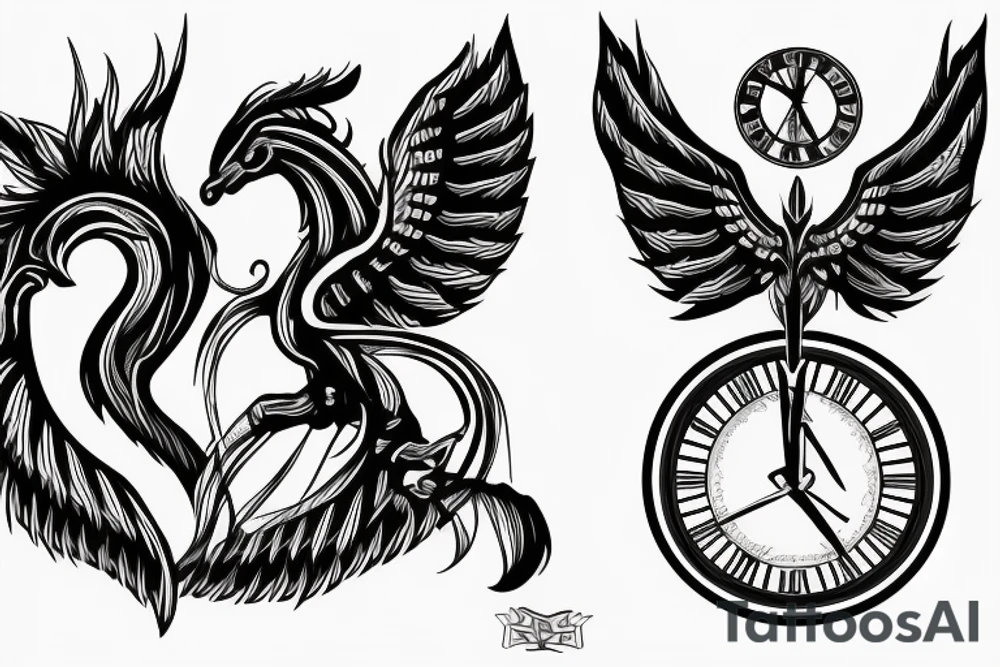 Horse rearing, with phoenix wings behind, an hourglass, and the viking rune "inguz" tattoo idea