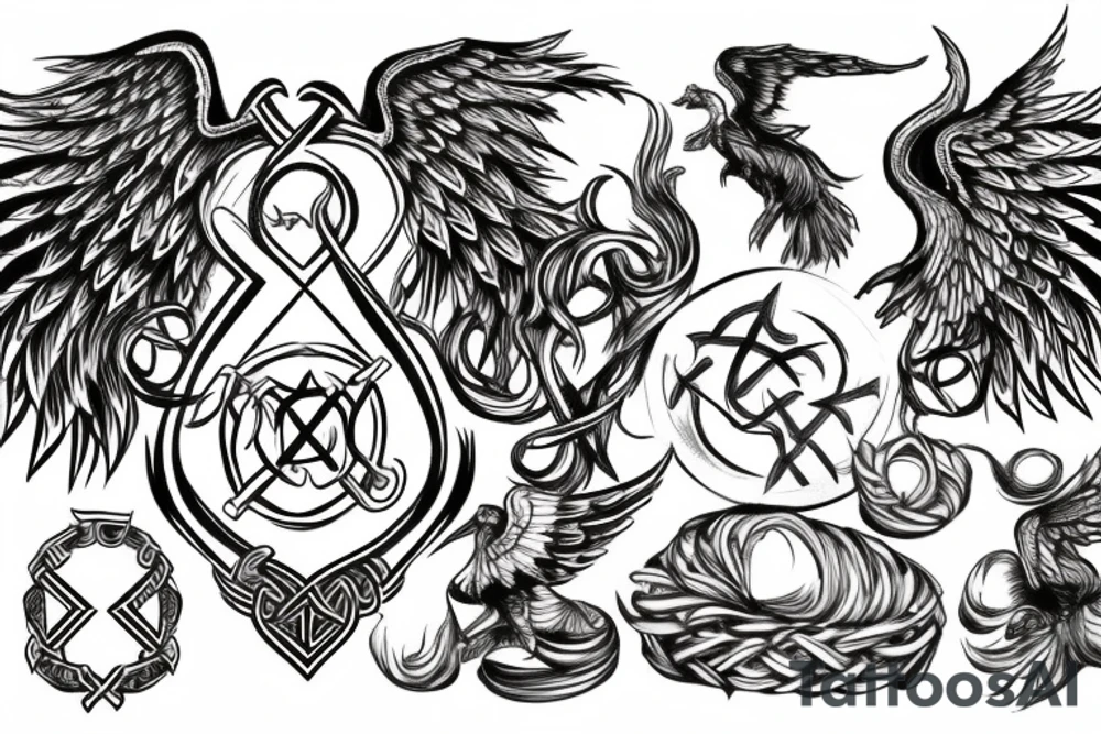 Horse rearing, with phoenix wings behind, an hourglass, and the viking rune "inguz" tattoo idea