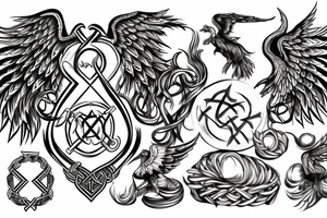 Horse rearing, with phoenix wings behind, an hourglass, and the viking rune "inguz" tattoo idea