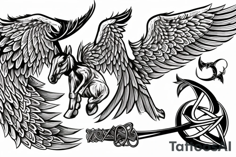 Horse rearing with phoenix wings, an hourglass with the viking rune "inguz" inside tattoo idea