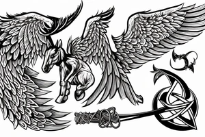 Horse rearing with phoenix wings, an hourglass with the viking rune "inguz" inside tattoo idea