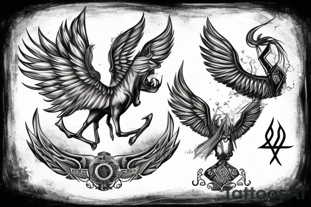 Horse rearing with phoenix wings, an hourglass with the viking rune "inguz" inside tattoo idea