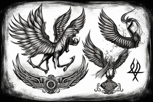 Horse rearing with phoenix wings, an hourglass with the viking rune "inguz" inside tattoo idea