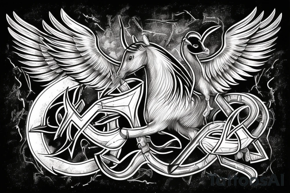 Horse rearing with phoenix wings, an hourglass with the viking rune "inguz" inside tattoo idea
