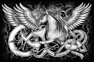 Horse rearing with phoenix wings, an hourglass with the viking rune "inguz" inside tattoo idea