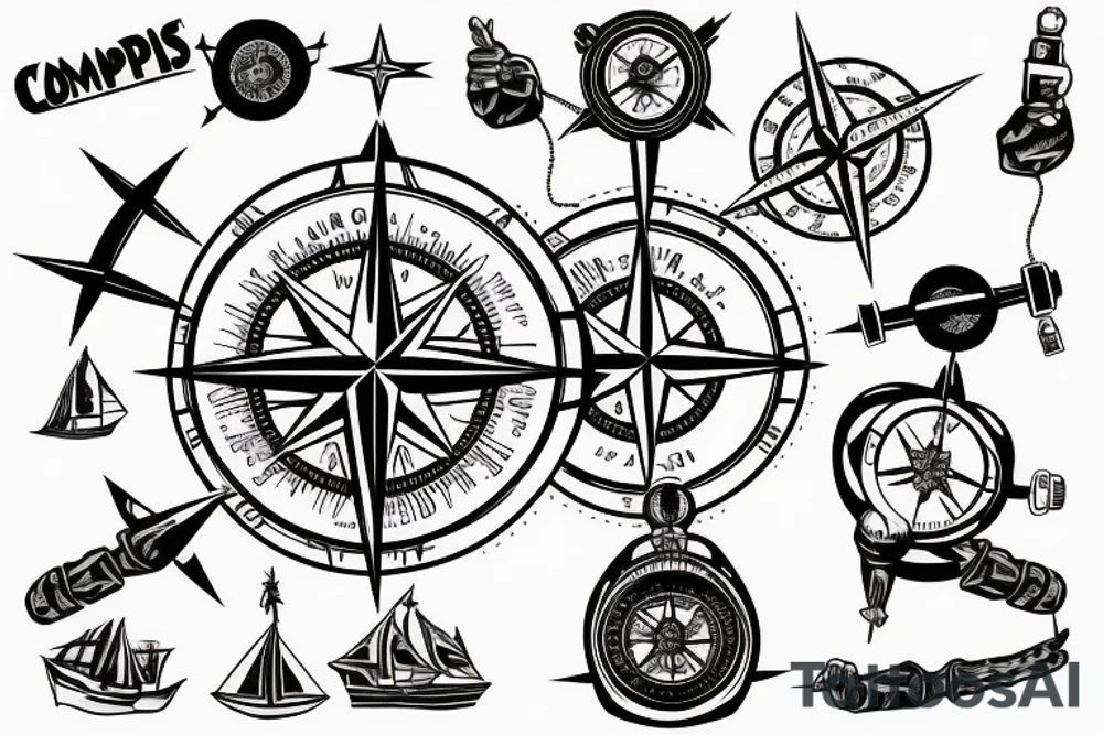 Compass on a map of the UK with an amplifier nearby tattoo idea