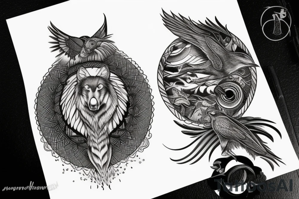 Raven sits on a wolf in yin yang style tattoo idea