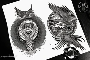 Raven sits on a wolf in yin yang style tattoo idea