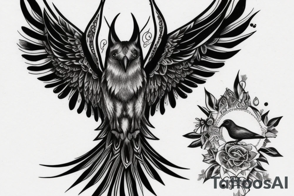 Raven sits on a wolf in yin yang style tattoo idea