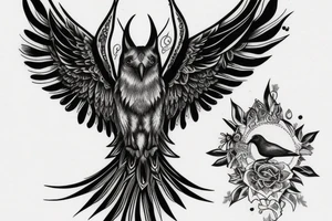 Raven sits on a wolf in yin yang style tattoo idea