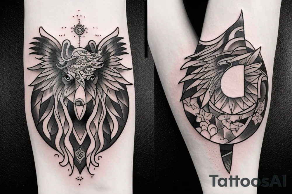 Raven sits on a wolf in yin yang style tattoo idea