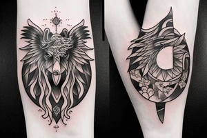 Raven sits on a wolf in yin yang style tattoo idea
