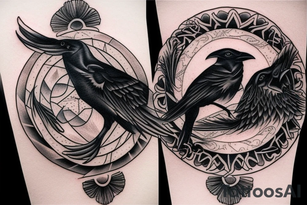 Raven sits on a wolf in yin yang style tattoo idea