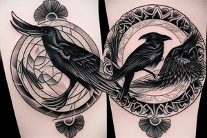 Raven sits on a wolf in yin yang style tattoo idea
