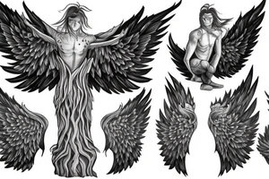 tree humanoid with wings tattoo idea