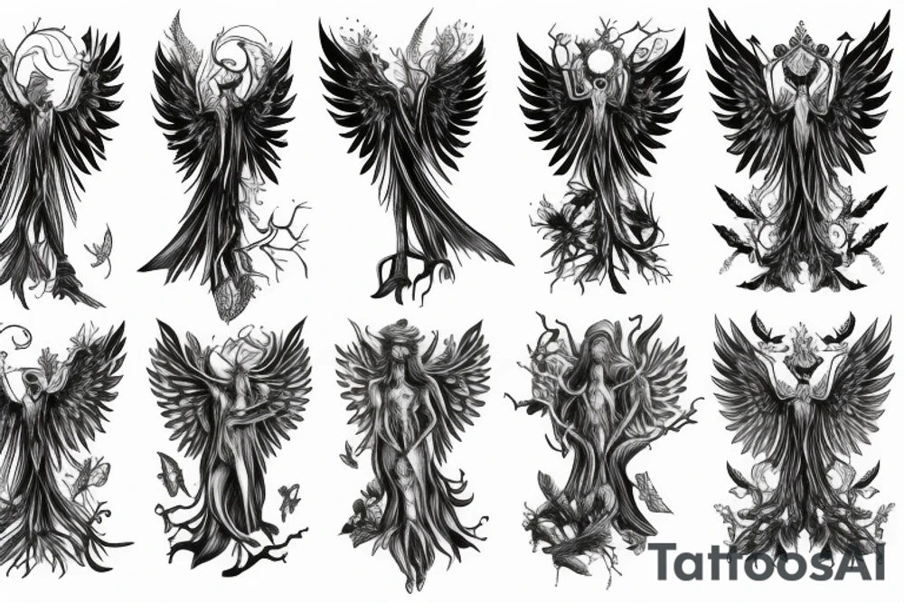 tree humanoid with wings tattoo idea