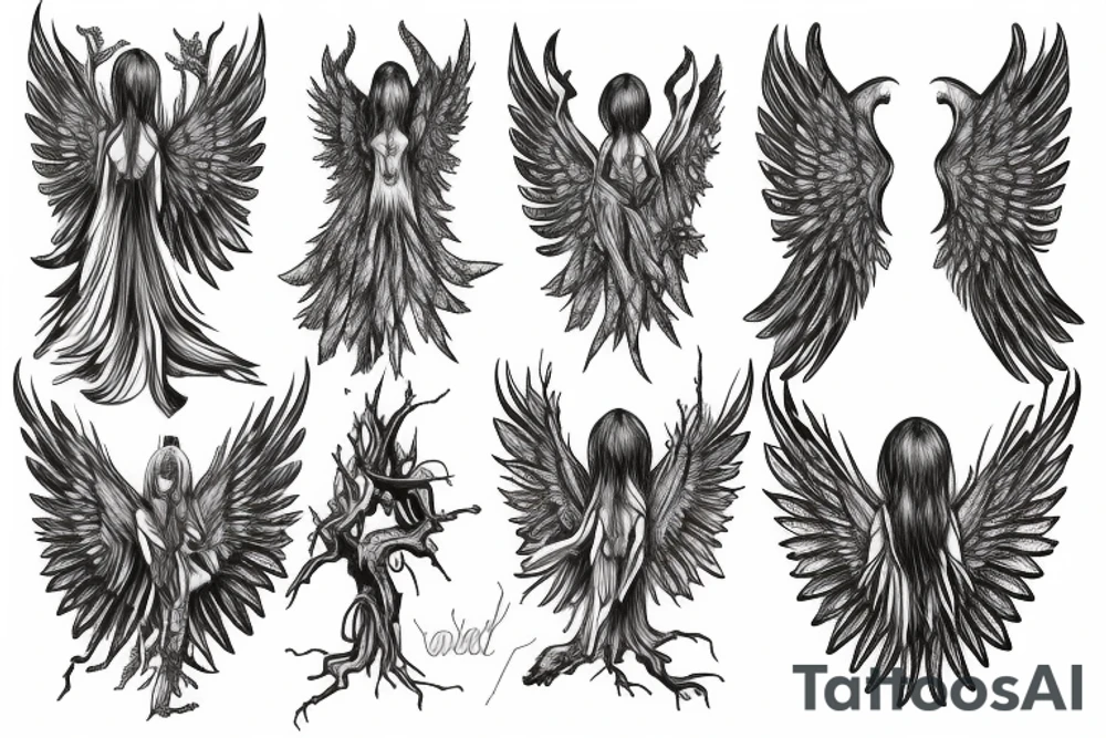 tree humanoid with wings tattoo idea